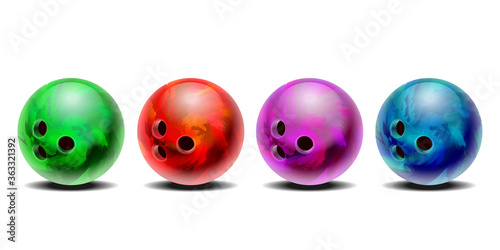 Realistic colorful 3D purple, blue, red , green bowling balls set.