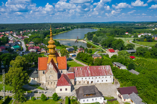 Aerial view of church in small village Cegielnia, Poland. photo