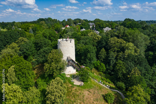 Kazimierz Dolny, Poland. Aerial view of Tower of the castle in Kazimierz Dolny at Vistula river, popular tourist destination in Poland. Bird's-eye view.