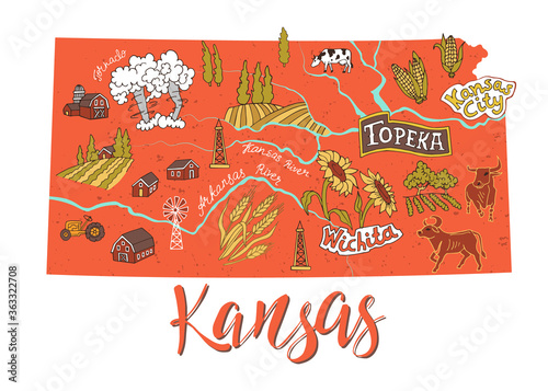 Illustrated map of  Kansas, USA. Travel and attractions. Souvenir print