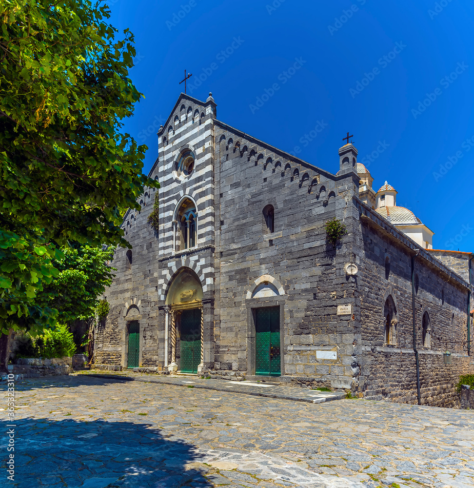 A view of the church of San Lorenzo in Porto Venere, Italy in the summertime A view of the church of San Lorenzo in Porto Venere, Italy in the summertime