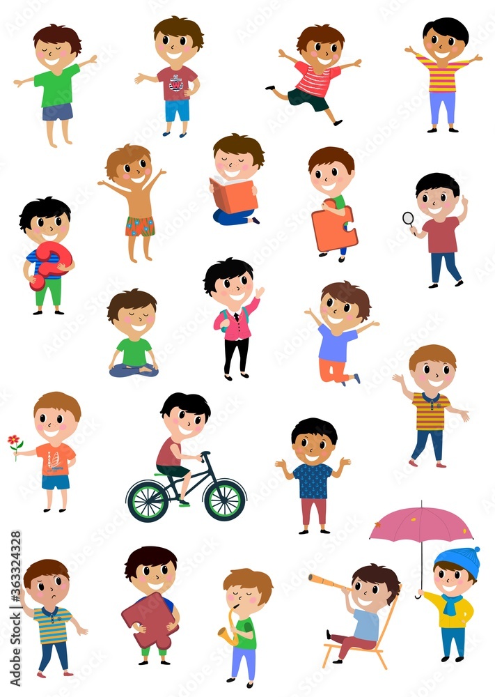 Set vector happy kids. Multicultural children in different positions isolated on white background. Cartoon design