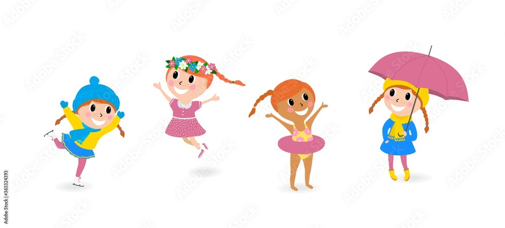 Illustration little girl four seasons . Vector cartoon design Illustration little girl four seasons . Vector cartoon design