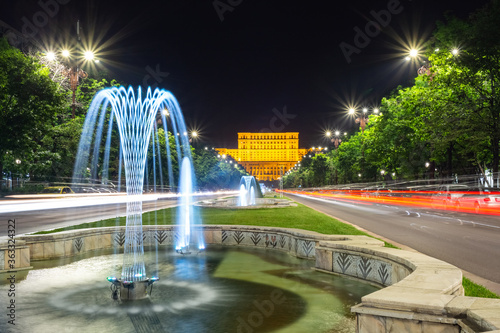 The Palace of the Parliament in Bucharest, Romania, by night. The second largest administrative building in the World. View from Unirii Boulevard.