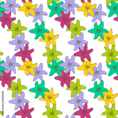 Abstract Hand Drawn Lily flower. Colorful seamless pattern. Vector Illustration