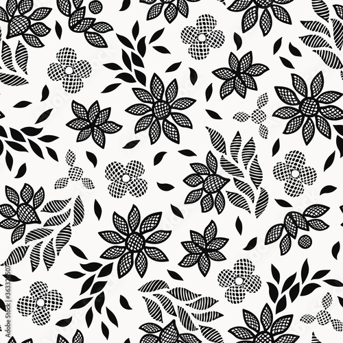 Black and white floral lace embroidery seamless vector pattern background for fabric, wallpaper, packaging, scrapbooking projects.