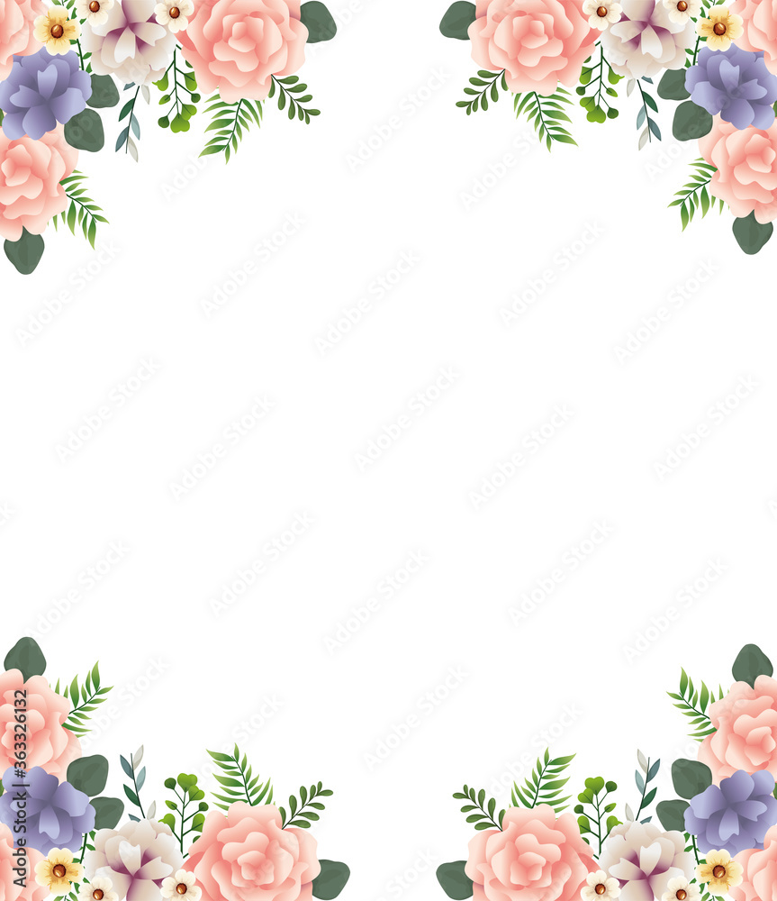 beautiful flowers and leafs decoraive frame with white background beautiful flowers and leafs decoraive frame with white background