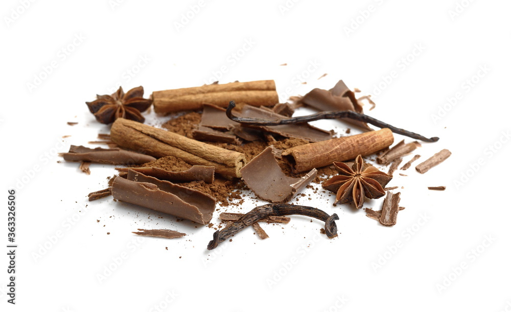 cocoa powder and chocolate chips isolated on white background cocoa powder and chocolate chips isolated on white background