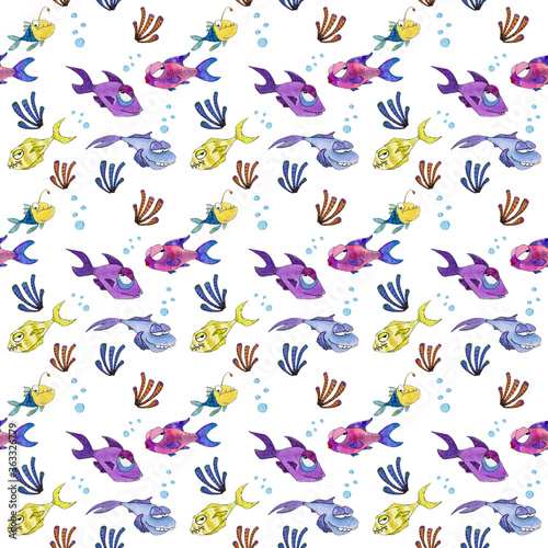 Watercolor hand painted under sea pattern on white background