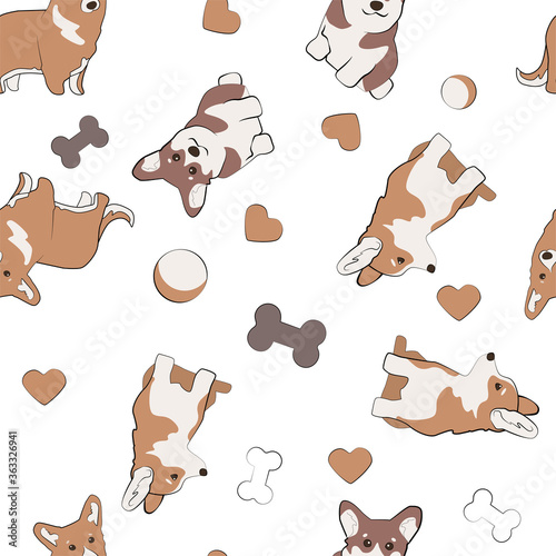 Seamless pattern with corgi dogs and animal toys - pets are endless