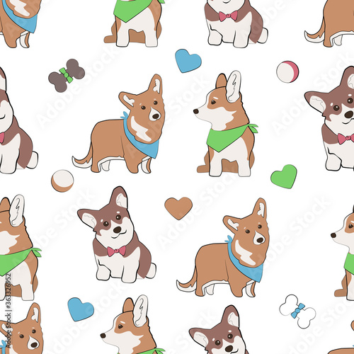 Seamless pattern with corgi dogs in ties and animal toys - pets are endless