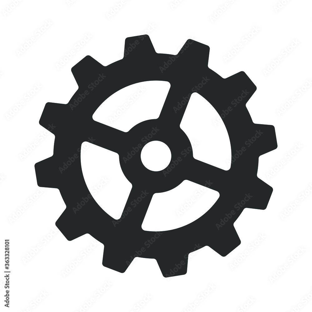 Cogwheel icon. Sprocket wheel logo. Settings button sign. Mechanic gears symbol. Black silhouette isolated on white background. Vector illustration image.