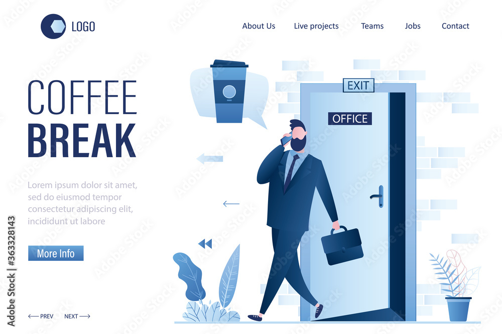 Coffee break landing page template. Open office door, board- exit. Happy male employee dreaming about cup of coffee. Coffee break landing page template. Open office door, board- exit. Happy male employee dreaming about cup of coffee.