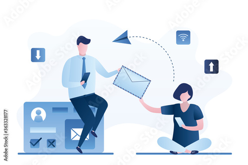 Businesspeople send and receive letters. Internet connection between people. Online communication and messaging.