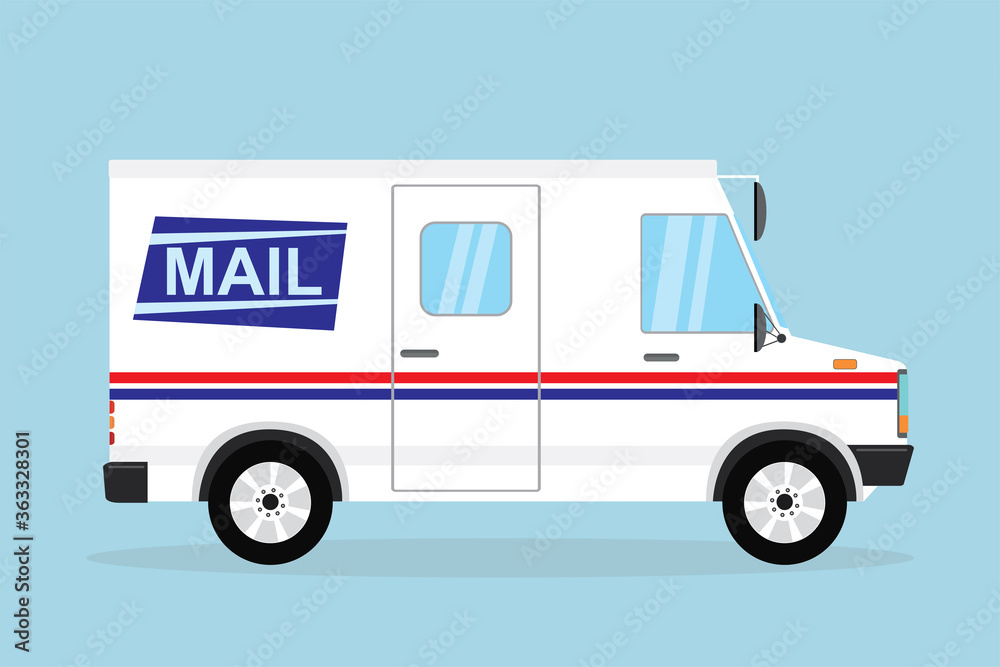 Mail delivery truck. White postal van. Cartoon vehicle in flat style.