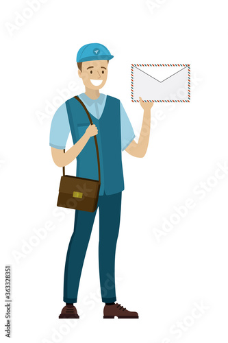Happy postman in uniform. Caucasian mailman hold letter. Handsome courier with mailbag, isolated on white background.