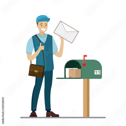 Happy caucasian postman hold letter. Open mailbox with newspapers, package. Cartoon courier in uniform with mailbag