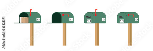 Set of open and closed mailboxes. Classic american metal postbox with newspaper and package, isolated on white background