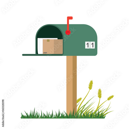 Open mailbox with newspaper and package. Classic american metal postbox, isolated on white background.