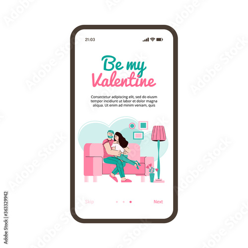 Onboarding mobile page design for online dating website app with meeting loving couple characters, flat cartoon vector illustration on white background.
