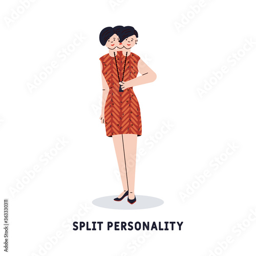 The concept of a mental disorder - a split personality. The female character suffers from bipolar mental disorder. Vector flat illustration isolated on a white background.