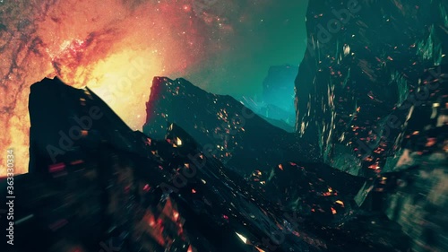 Futuristic mountain landscape flight seamless loop. Stylized VJ looping 3D animation with space and high speed flythrough. Outrun style videogame intro or background for EDM music live show or concert