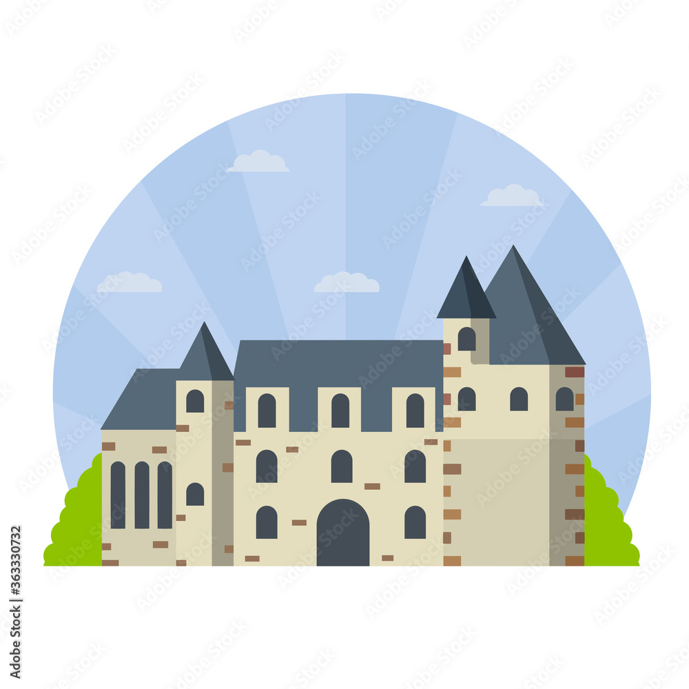 Castle of Chenonceau. French tourist attraction. Travel to Europe. Stone Palace with tower and wall. Flat cartoon illustration. Medieval house and city