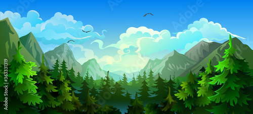 Morning sunrise in the forest. Vector panorama of a forest with mountains.