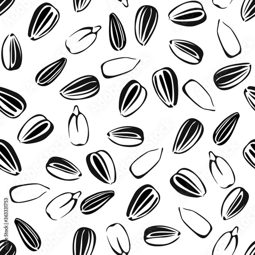 Sunflower seeds seamless pattern. Vector black and white illustration.