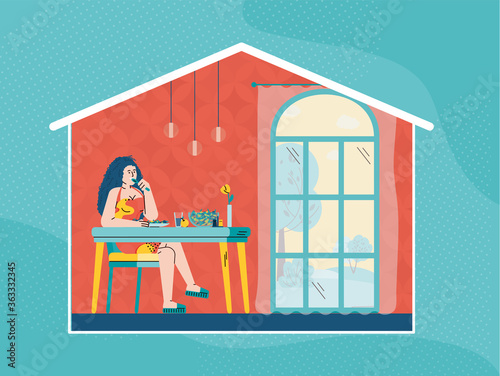 Woman eating food at home - cartoon girl sitting at kitchen table with meal inside house frame. Room interior with big window and person at lunch, vector illustration.