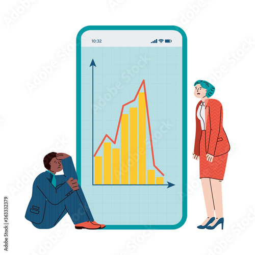 Business people sad from economic crisis looking at mobile app with downward trend graph. Cartoon businessman, woman and smartphone, isolated vector illustration.