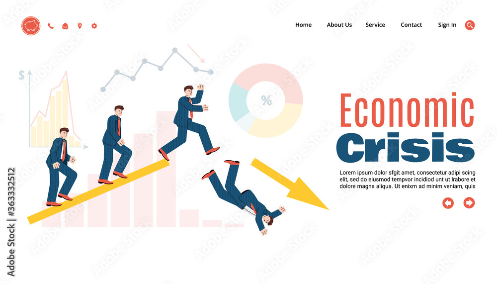 Vector illustration of the economic crisis. The concept of falling business and negative dynamics due to coronavirus. Global economic collapse due to the epidemic. Vector illustration of the economic crisis. The concept of falling business and negative dynamics due to coronavirus. Global economic collapse due to the epidemic.