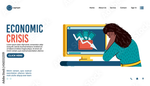 Economic crisis banner with sad woman looking at computer screen with financial recession symbol - wallet and downward graph. Vector illustration of website template.