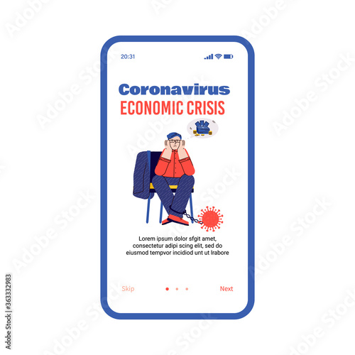 Illustration of a bankrupt businessman. Helplessness and despair due to the global economic crisis caused by the coronavirus. Vector template for a mobile app.