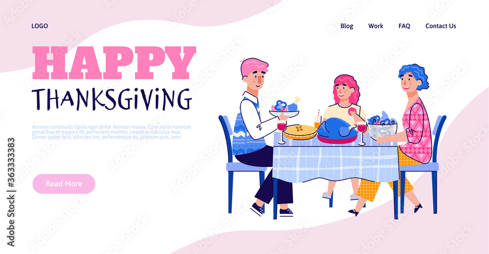 Web banner template with scene of family Thanksgiving joint festive dinner with turkey dish, cartoon vector illustration. Landing page for autumn Thanksgiving holidays.