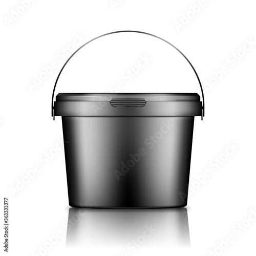 Black bucket with handle mockup isolated from background: ice cream, yoghurt, mayonnaise, paint or putty container. Plastic package design. Blank food or decor product template. 3d vector illustration
