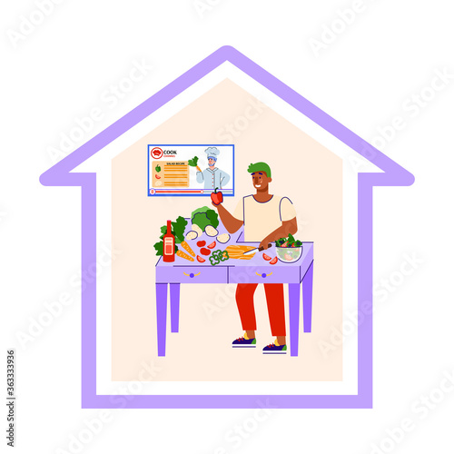 Man cartoon character enjoy cooking at home, flat vector illustration isolated on white background. Hobby and leisure of domestic life while staying at home.