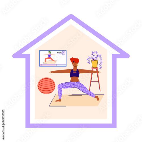 Vector illustration of the concept of staying at home and doing fitness. Cute girl doing exercises during vacation, weekend or while in quarantine. Flat vector illustration.