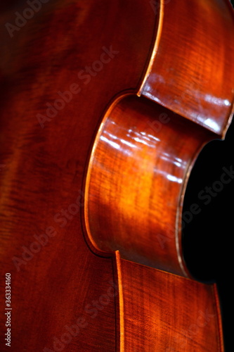 Contrabass placed in an oblique position waiting to be used in a concert of classical music. Double bass detail.
