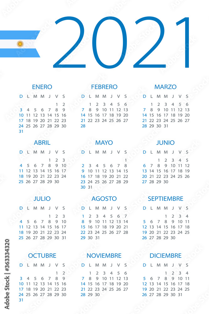 Calendar 2021 - illustration. Argentinian version.Week starts on Sunday