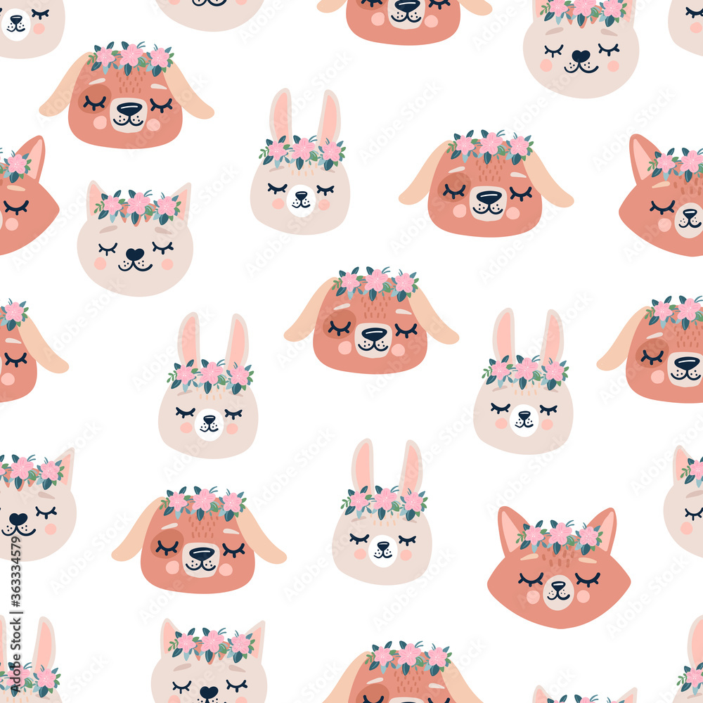 Cute seamless spring pattern with sleeping animals. Hand drawn background with animal for children.