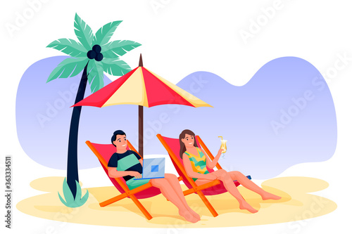 Couple on tropical beach. Girl with cocktail guy freelancer works on laptop. Vector flat cartoon characters illustration