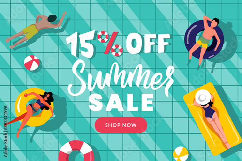 Summer sale banner poster design template. People swim in swimming pool, top view vector flat cartoon illustration