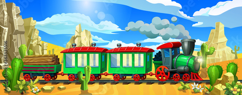 Green locomotive in the desert. Passenger locomotive with a pipe and wagons.