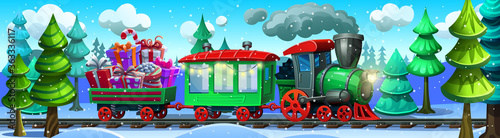Christmas train carries gifts in the winter forest. Vector illustration.