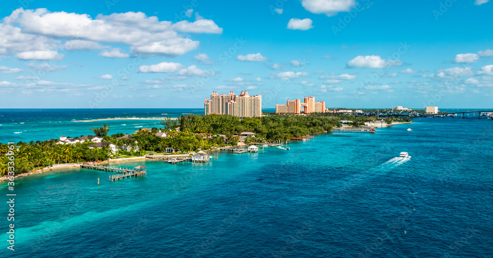 Panoramic landscape view of a narrow Island and beach at the cruise port of Nassau in the Bahamas. 