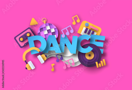 Print op canvas Dance music style illustration with 3d paper cut musical equipment icons