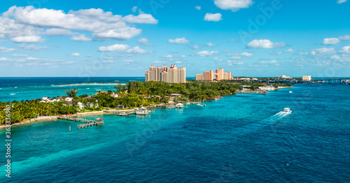 Panoramic landscape view of a narrow Island and beach at the cruise port of Nassau in the Bahamas.  photo