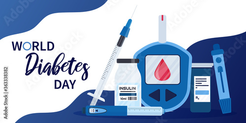 World Diabetes Day banner or flyer with insulin pen, glucometer, lancets, test strips and syringe. 14th November. Concept of awareness diabetes and fight against diabetes