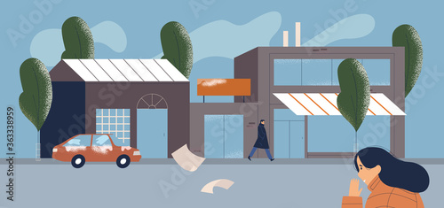 Cold or dirty city scene with people coughing